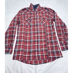 Uniqlo Black LS Shirt Mens L Red Black Plaid Pattern Black Chrome Buttons
